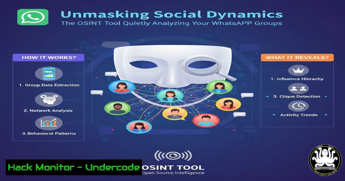 UndercodeUpdate's tweet card. Unmasking Social Dynamics: The OSINT Tool Quietly Analyzing Your WhatsApp Groups - "Undercode Testing": Monitor hackers like a pro. Get real-time updates,