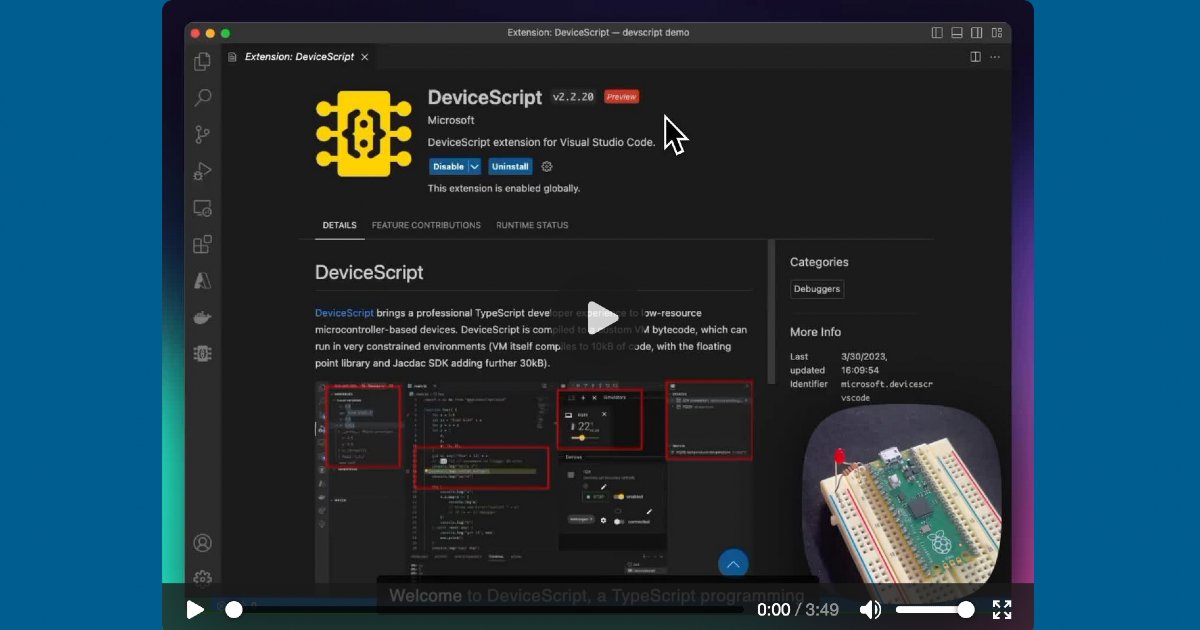 EsensConsulting's tweet card. TypeScript for Tiny IoT DevicesDeviceScript brings a TypeScript developer experience to low-resource microcontroller-based devices. DeviceScript is compiled to a custom VM bytecode, which can run in...