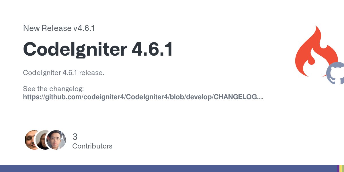 CodeIgniterPhp's tweet card. CodeIgniter 4.6.1 release. See the changelog: https://github.com/codeigniter4/CodeIgniter4/blob/develop/CHANGELOG.md New Contributors @Elias-Black made their first contribution in #9485 @Franky583...