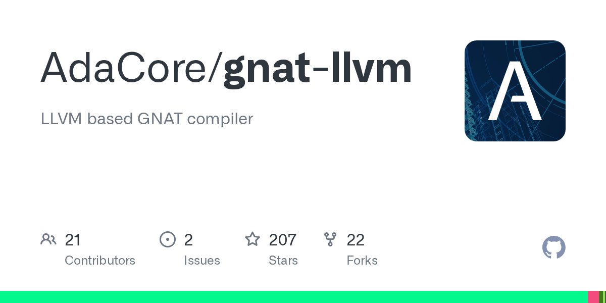 Kensan42's tweet card. LLVM based GNAT compiler. Contribute to AdaCore/gnat-llvm development by creating an account on GitHub.