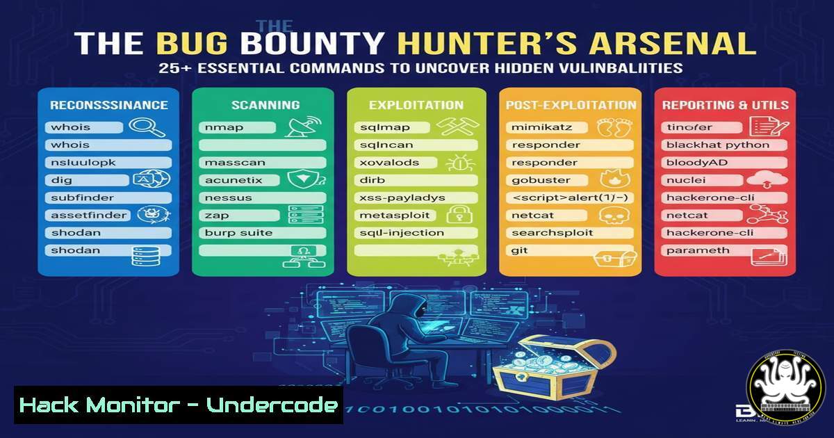 UndercodeUpdate's tweet card. The Bug Bounty Hunter's Arsenal: 25+ Essential Commands to Uncover Hidden Vulnerabilities - "Undercode Testing": Monitor hackers like a pro. Get real-time