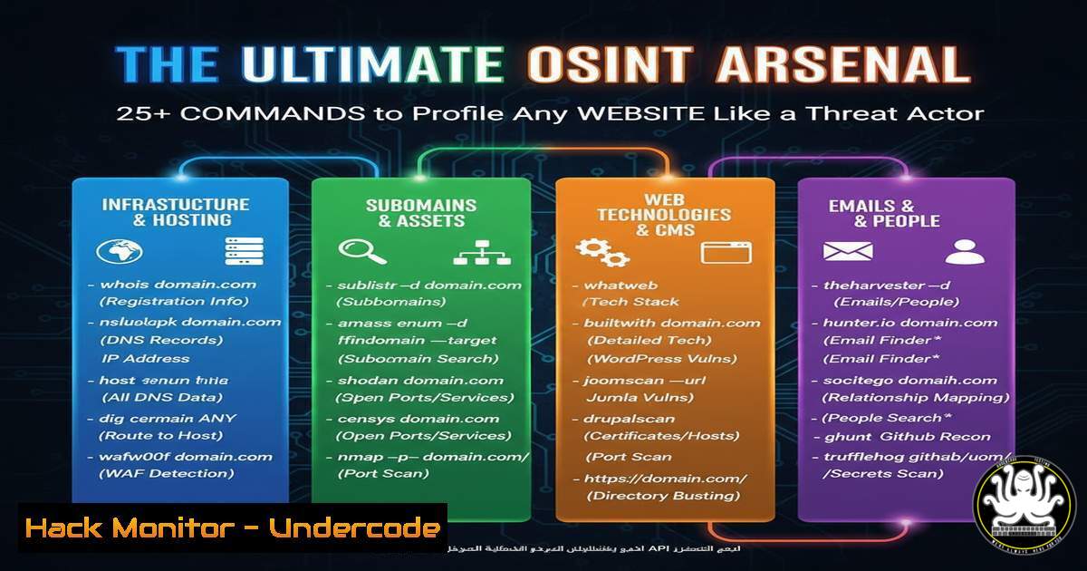 UndercodeUpdate's tweet card. The Ultimate OSINT Arsenal: 25+ Commands to Profile Any Website Like a Threat Actor - "Undercode Testing": Monitor hackers like a pro. Get real-time updates,