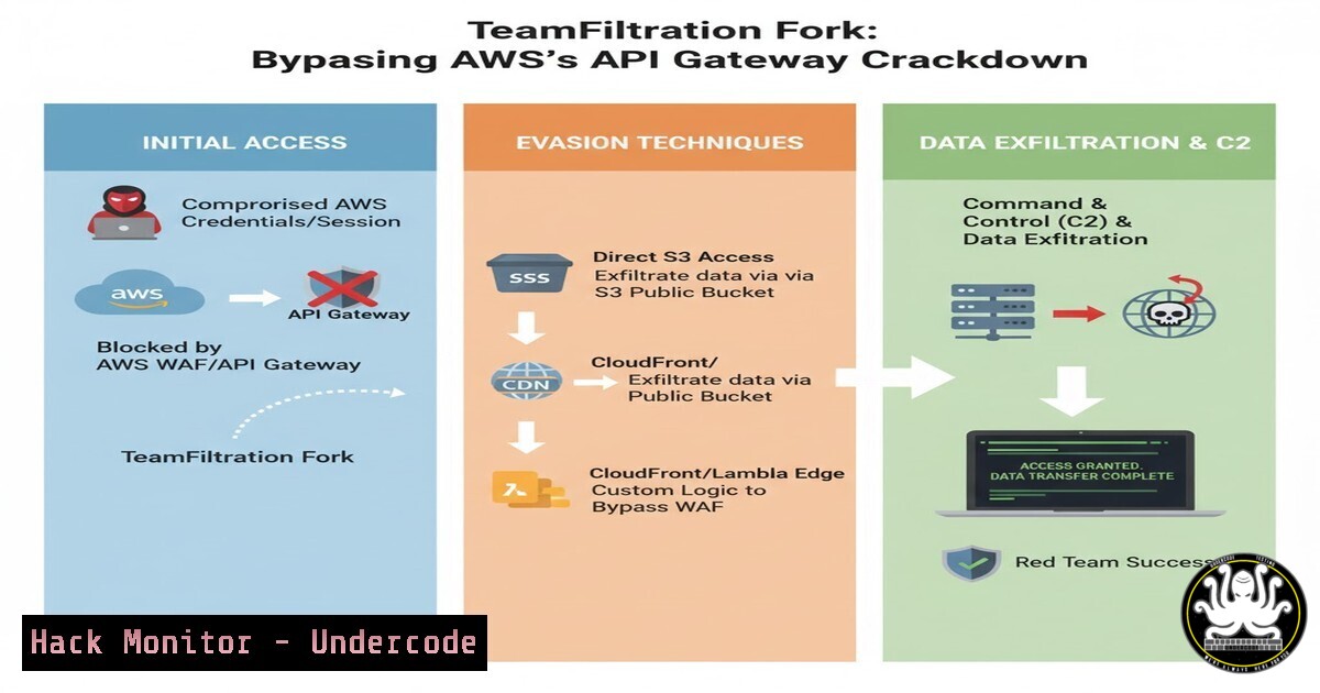 UndercodeUpdate's tweet card. The TeamFiltration Fork: Bypassing AWS's API Gateway Crackdown for Red Team Operations - "Undercode Testing": Monitor hackers like a pro. Get real-time