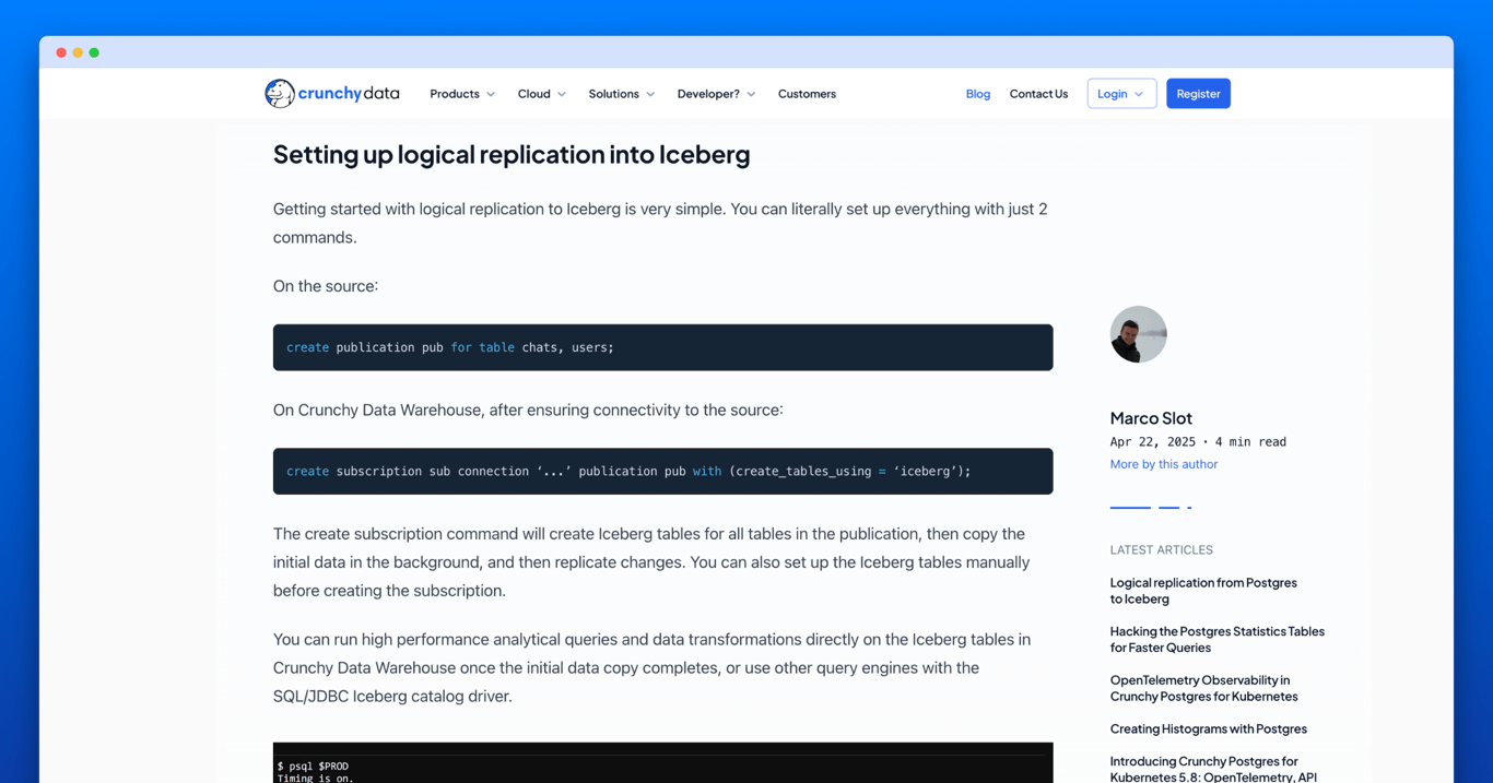 crunchydata's tweet card. We've launched native logical replication from Postgres tables in any Postgres server to Iceberg tables managed by Crunchy Data Warehouse.