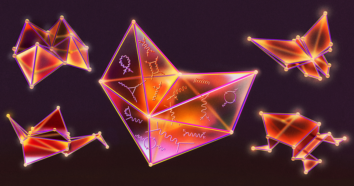 QuantaMagazine's tweet card. The amplituhedron, a shape at the heart of particle physics, appears to be deeply connected to the mathematics of paper folding.