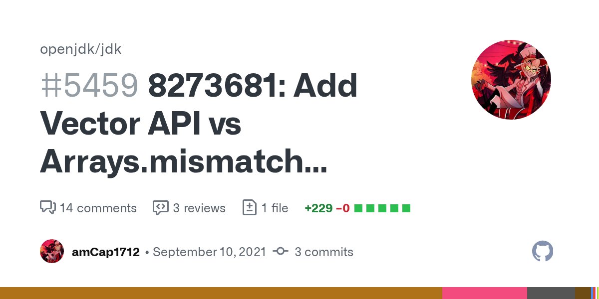 kartik_1712's tweet card. Hi all! Please review this PR to add a benchmark comparing the performance of Arrays.mismatch intrinsic in the JDK with that of the Vector API. Kindly refer to this thread on panama-dev regarding s...