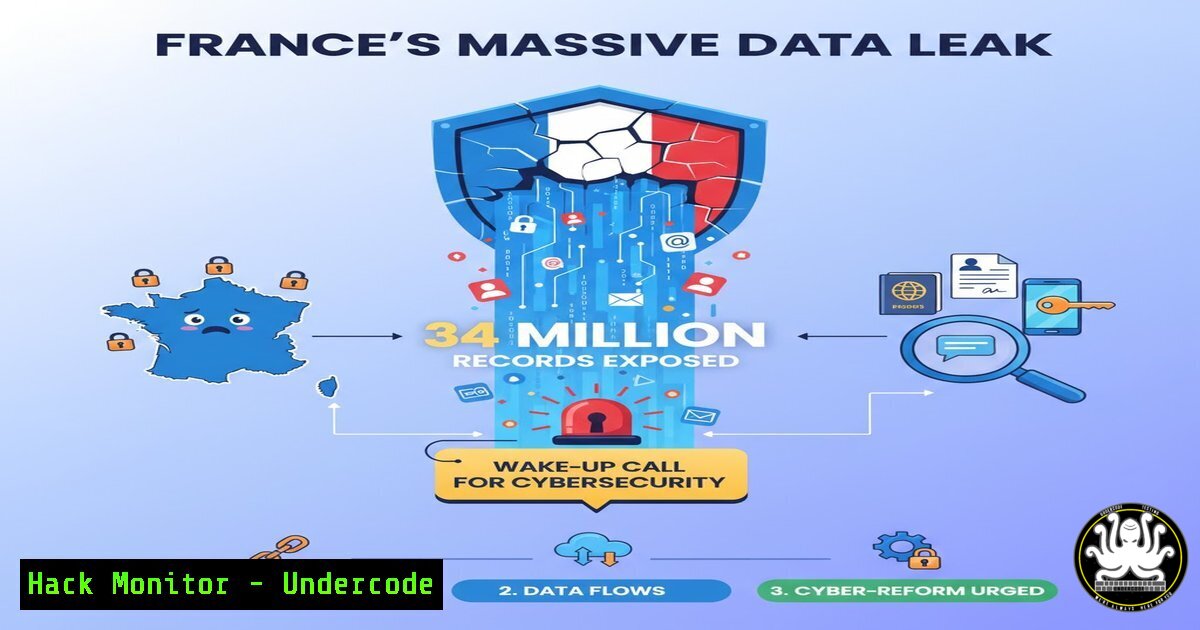UndercodeUpdate's tweet card. France's Massive Data Leak: A 34-Million-Record Wake-Up Call for Cybersecurity - "Undercode Testing": Monitor hackers like a pro. Get real-time updates,