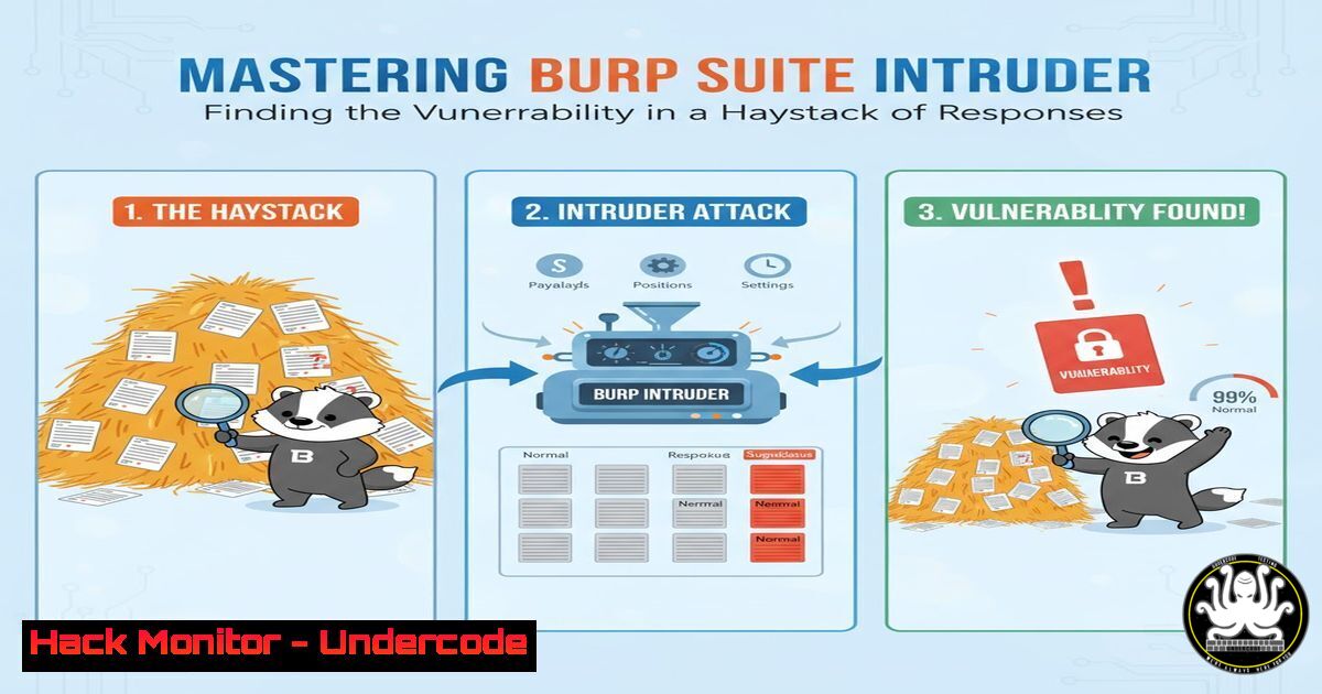 UndercodeUpdate's tweet card. Mastering Burp Suite Intruder: How to Find the Vulnerability in a Haystack of Responses - "Undercode Testing": Monitor hackers like a pro. Get real-time