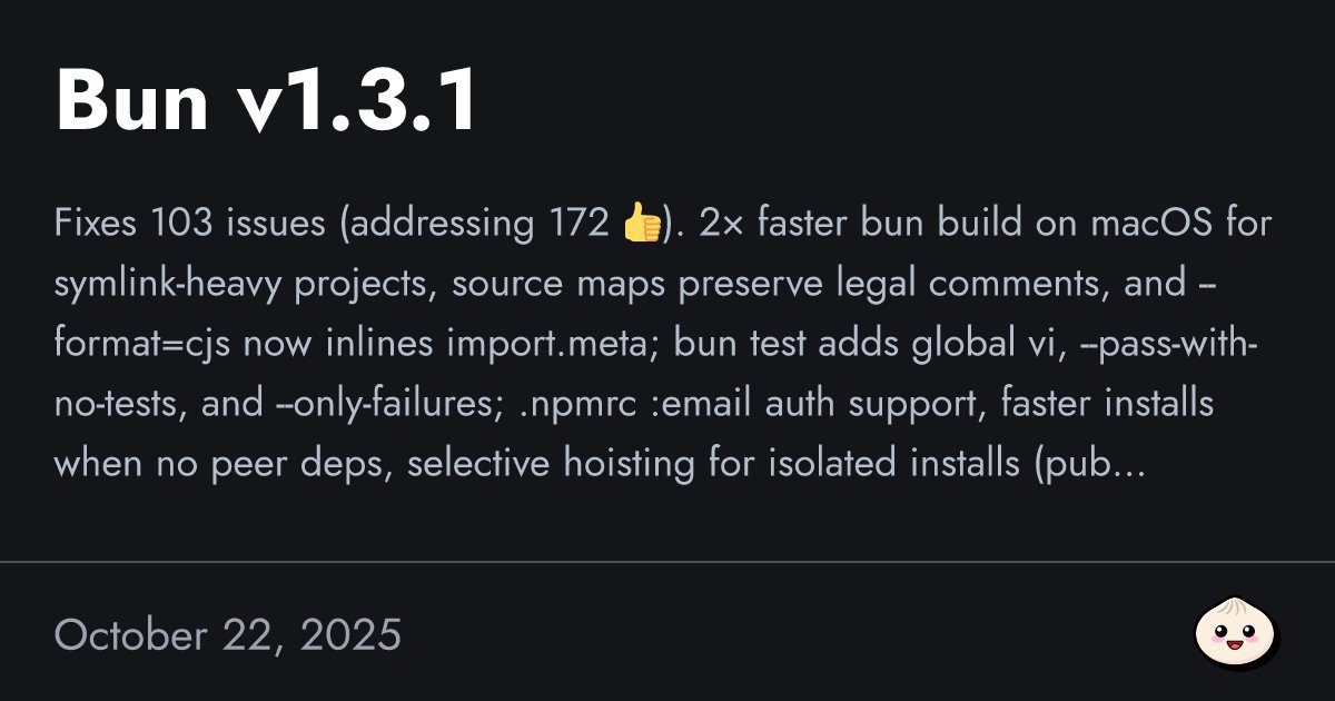 bunjavascript's tweet card. Fixes 103 issues (addressing 172 👍). 2× faster bun build on macOS for symlink-heavy projects, source maps preserve legal comments, and --format=cjs now inlines import.meta; bun test adds global vi,...