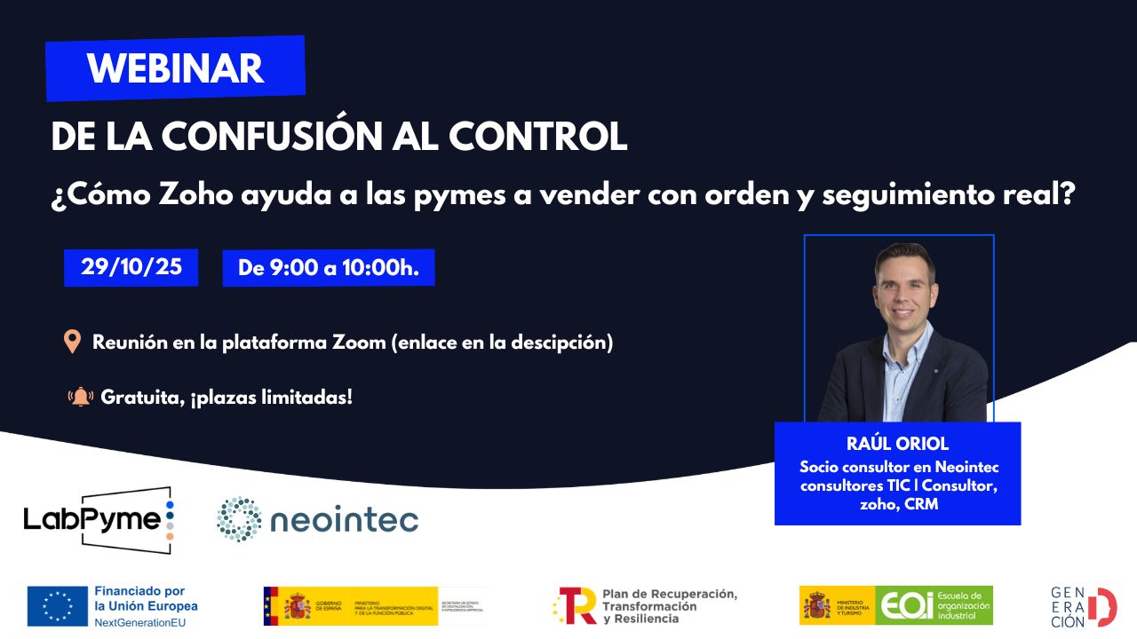 emprenemjunts's tweet card. 29 de octubre | Online El próximo 29 de octubre a las 9:00h te invitamos a un webinar de LabPyme con Raúl Oriol, socio consultor en Neointec Consultores TIC y especialista en Zoho. En esta sesión d...