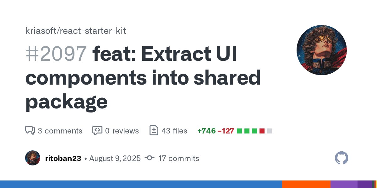 ReactStarter's tweet card. This PR refactors the React Starter Kit monorepo by extracting UI components from the web app into a dedicated, reusable @repo/ui package. This architectural change enables component sharing across...
