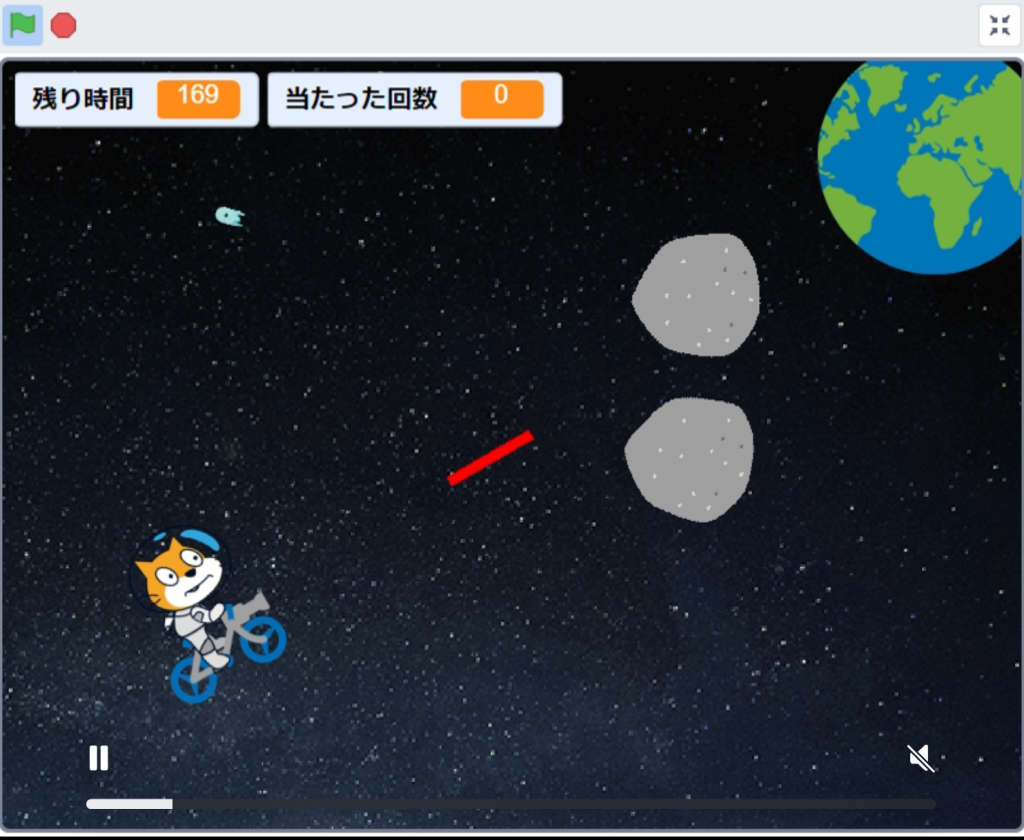 DojoConJapan's tweet card. マイクロビットとスクラッチをつなげたゲームです。エアロバイクのペダルをふむと取り付けたマイクロビットが動いて信号が送られゲーム内のネコが宇宙内を進みます。180秒以内に隕石をよけながら地球に戻れるか⁈