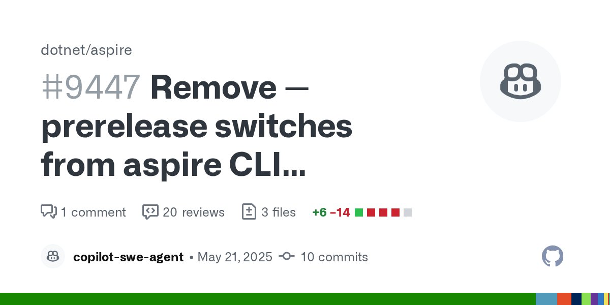 davidfowl's tweet card. This PR removes the --prerelease switch from the aspire new and aspire add CLI commands while defaulting the prerelease parameter to true for internal API calls. Changes Removed the --prerelease o...