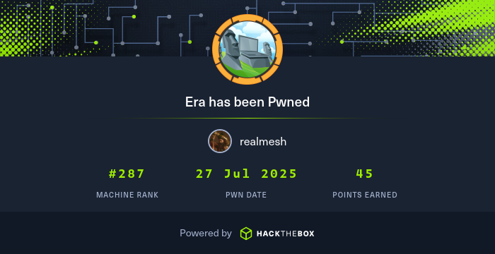 unrealmesh's tweet card. I have just owned machine Era from Hack The Box