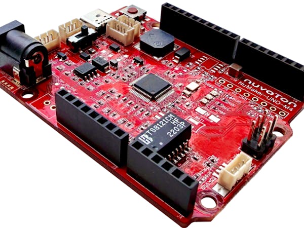 Arduino24x7's tweet card. A NuMicro M467SJHAN gives this Arduino UNO-alike a 200MHz Arm Cortex-M4 plus a range of peripherals.