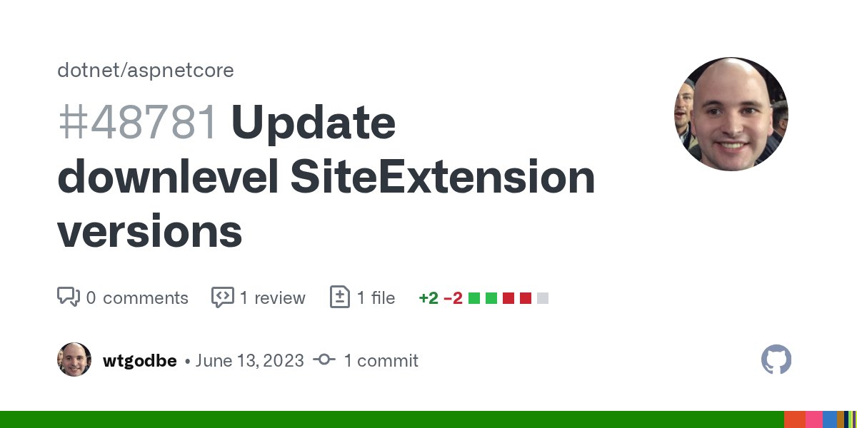 aspnetissues's tweet card. Update downlevel SiteExtension versions by wtgodbe · Pull Request #48781 · dotnet/aspnetcore