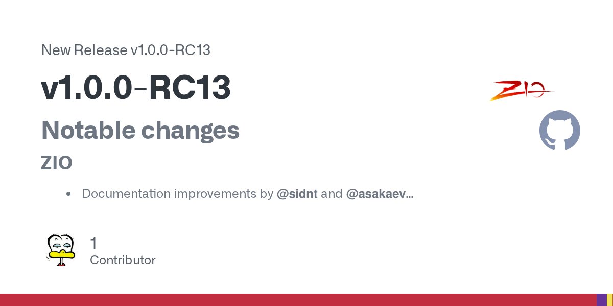 ghostdogpr's tweet card. Notable changes ZIO Documentation improvements by @sidnt and @asakaev Deprecate sync extension method in favor of effect (#1606) by @markosski Change semantic of Fiber.joinAll – fail when joined f...