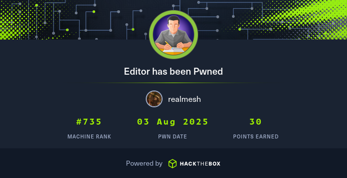 unrealmesh's tweet card. I have just owned machine Editor from Hack The Box