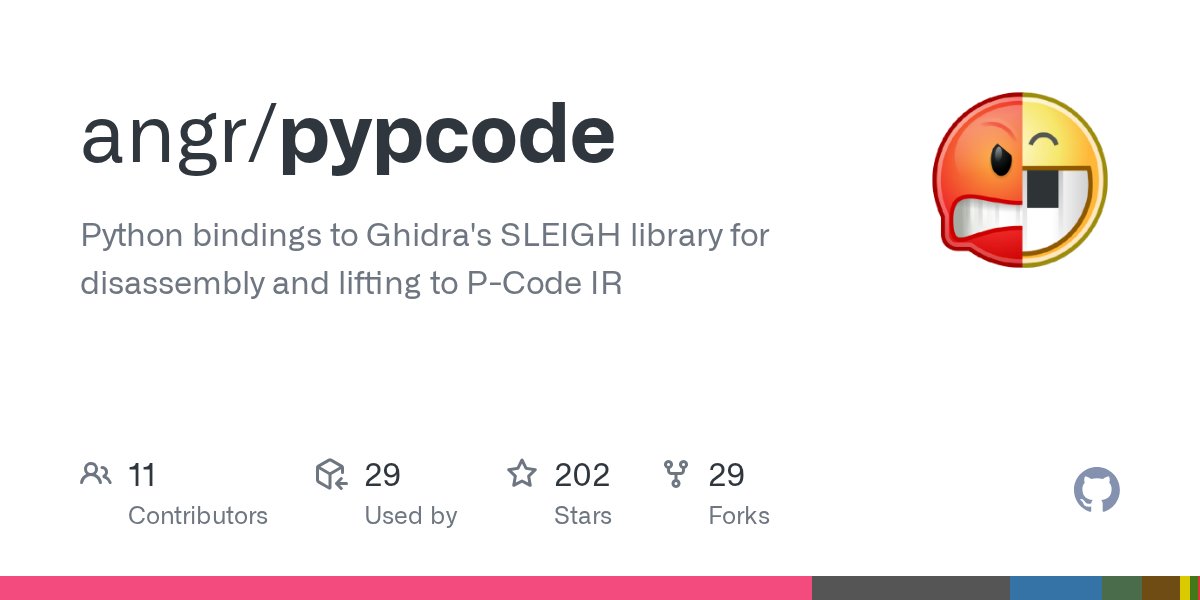 PythonArsenal's tweet card. Python bindings to Ghidra's SLEIGH library for disassembly and lifting to P-Code IR - angr/pypcode