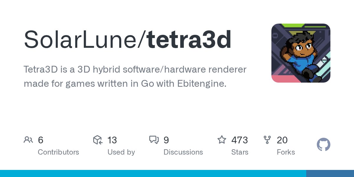 SolarLune's tweet card. Tetra3D is a 3D hybrid software/hardware renderer made for games written in Go with Ebitengine. - SolarLune/tetra3d