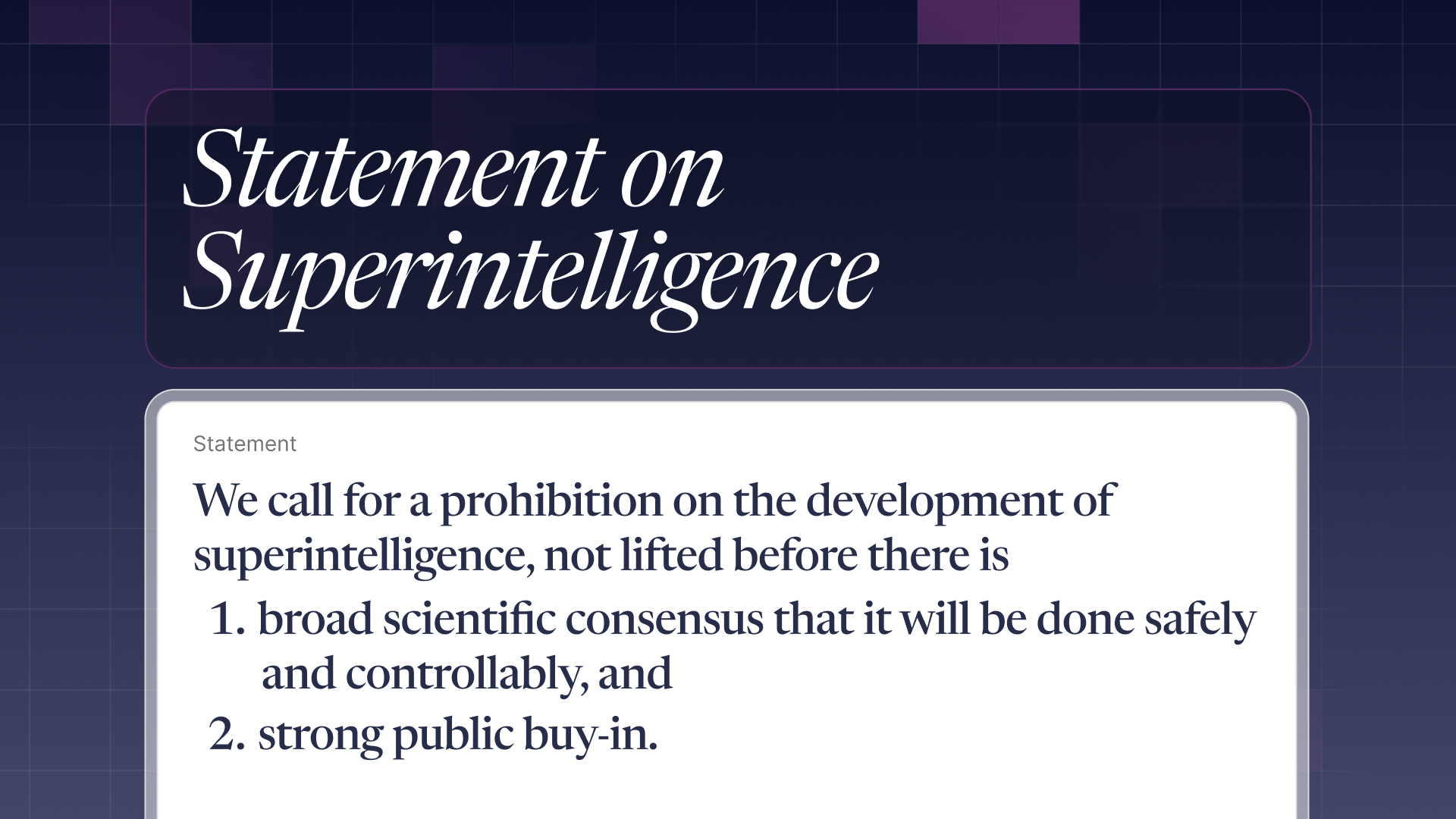 jimrandomh's tweet card. “We call for a prohibition on the development of superintelligence, not lifted before there is (1) ﻿﻿﻿﻿broad scientific consensus that it will be done safely and controllably, and (2) strong public...