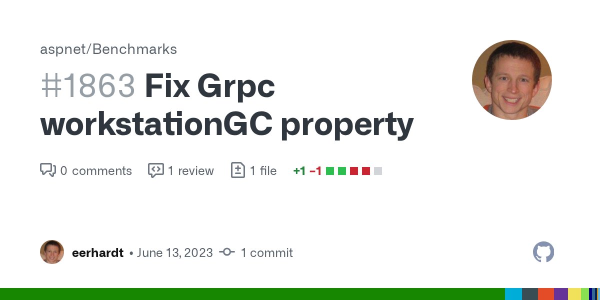 aspnetissues's tweet card. Fix Grpc workstationGC property by eerhardt · Pull Request #1863 · aspnet/Benchmarks