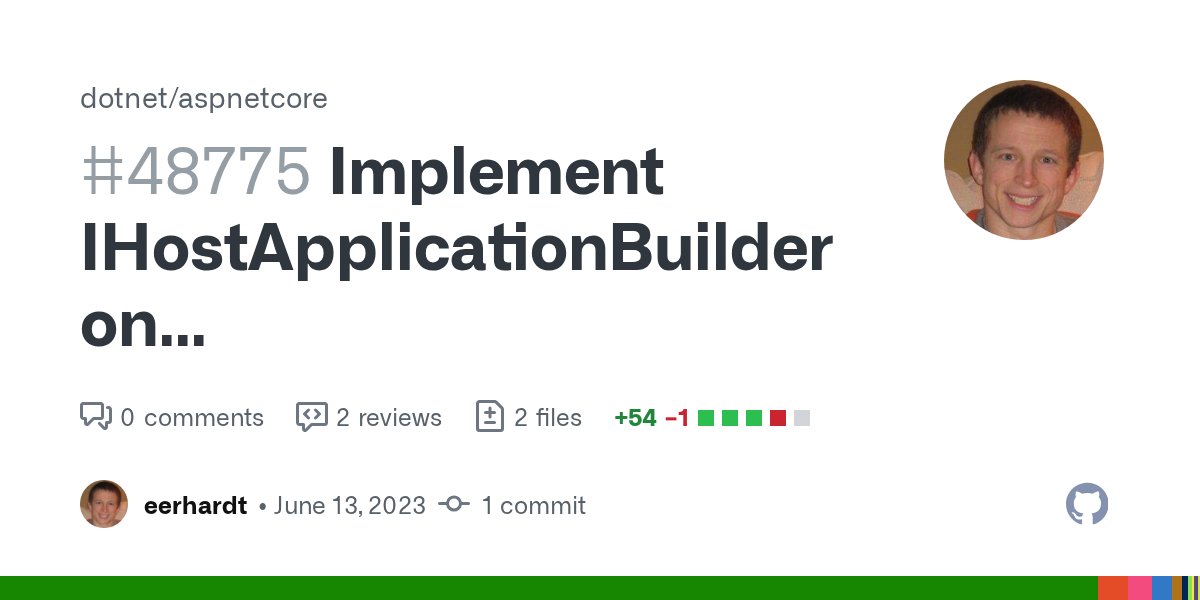 aspnetissues's tweet card. dotnet/runtime#86974 added support for a common interface between HostApplicationBuilder and WebApplicationBuilder. This implements the new interface on WebApplicationBuilder.