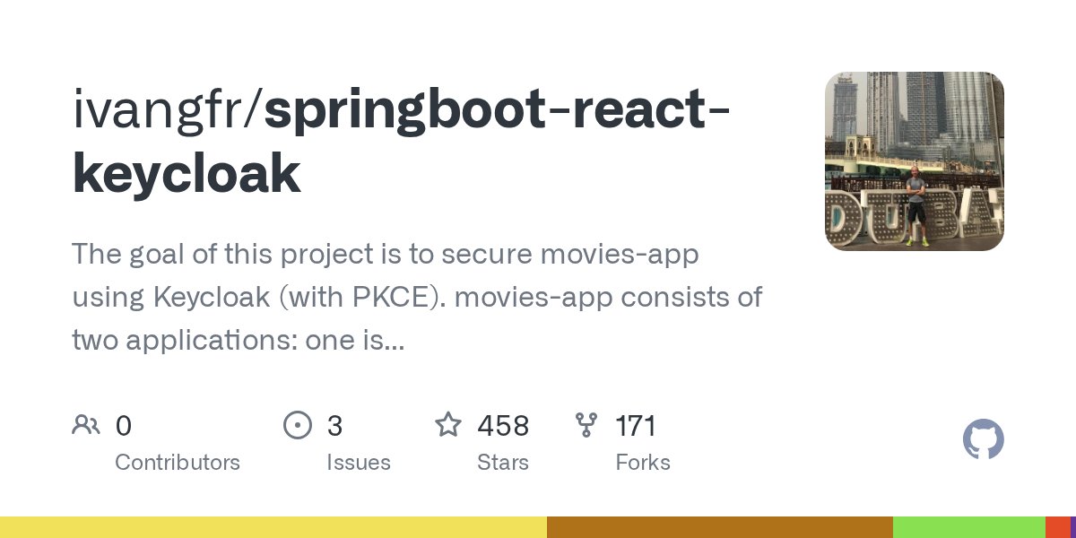 ivangfr's tweet card. The goal of this project is to secure movies-app using Keycloak (with PKCE). movies-app consists of two applications: one is a Spring Boot Rest API called movies-api and another is a React applicat...