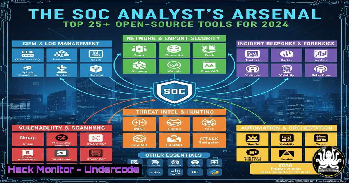 UndercodeUpdate's tweet card. The SOC Analyst's Arsenal: Top 25+ Open-Source Tools for 2024 - "Undercode Testing": Monitor hackers like a pro. Get real-time updates, AI-powered insights,