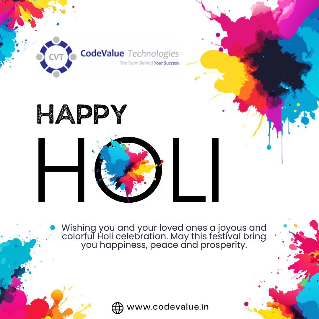 CodeValueTech's tweet card. May this festival of colors fill your life with happiness, positivity, and success. Let's celebrate the spirit of togetherness and harmony as we embrace the hues of joy. Happy Holi! Wishing you and...