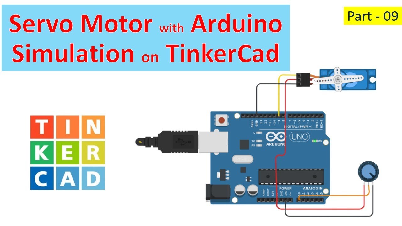 vlrobotech's tweet card. 09 Servo motor with Arduino simulation on TinkerCad