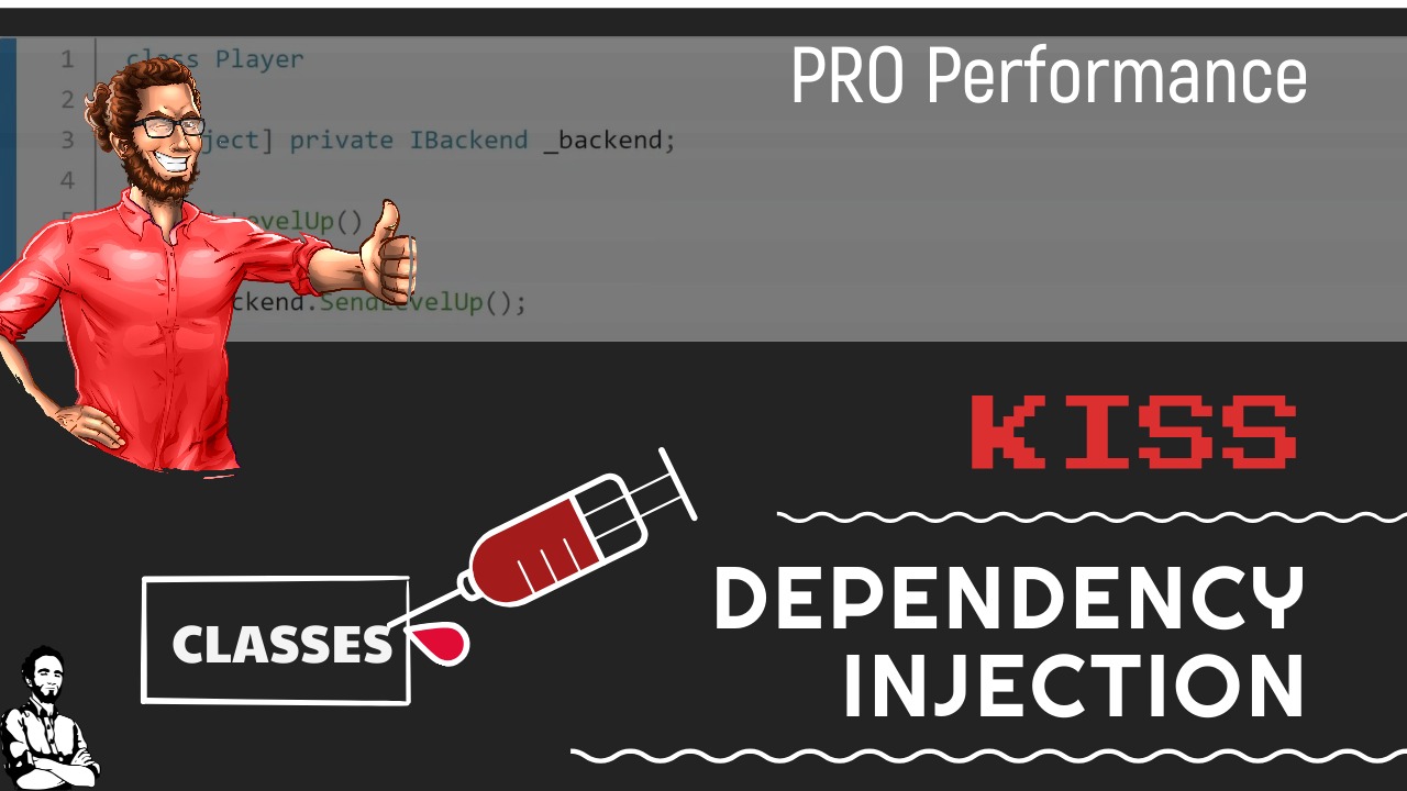 TheGamedevGuru's tweet card. In this blog post I will show you why the "KISS" principle is so important in Dependency Injection for your Unity project