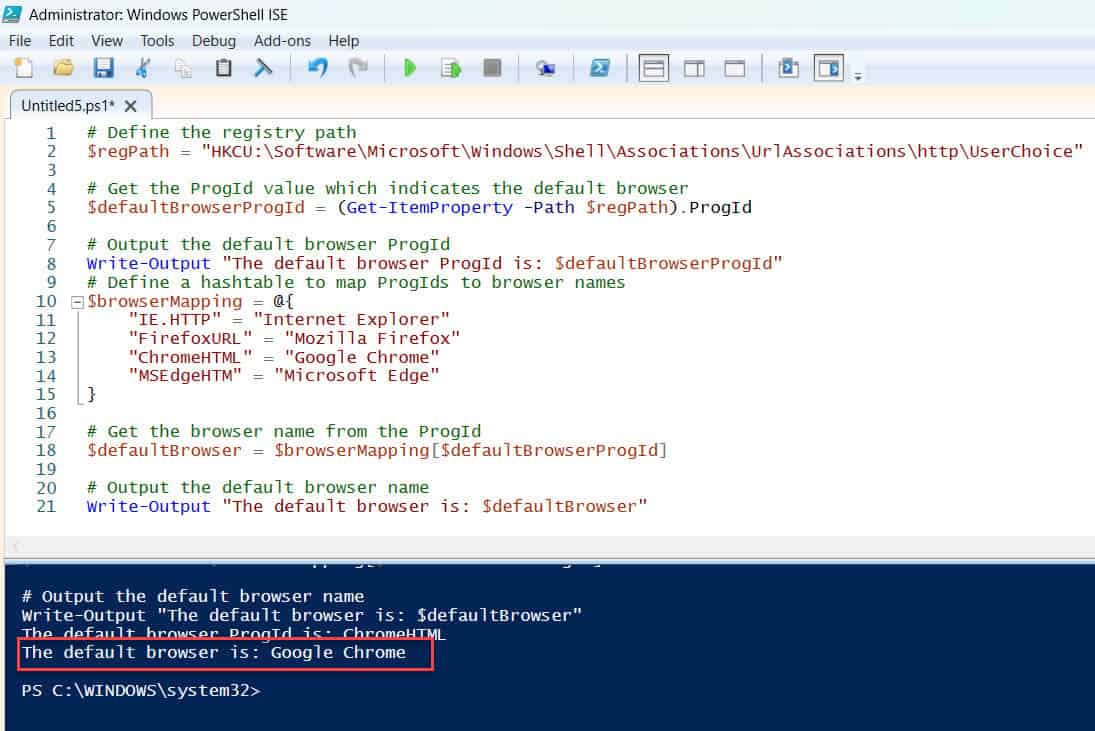 PowerShellFAQs's tweet card. Learn how to get the default browser using PowerShell with simple commands. Discover how to retrieve and manage default app settings on your Windows system.