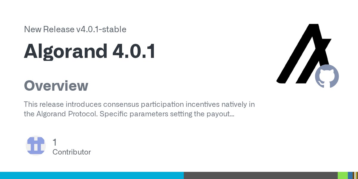 JohnAlanWoods's tweet card. Overview This release introduces consensus participation incentives natively in the Algorand Protocol. Specific parameters setting the payout percentages, Min/Max Balance requirements, validator be...