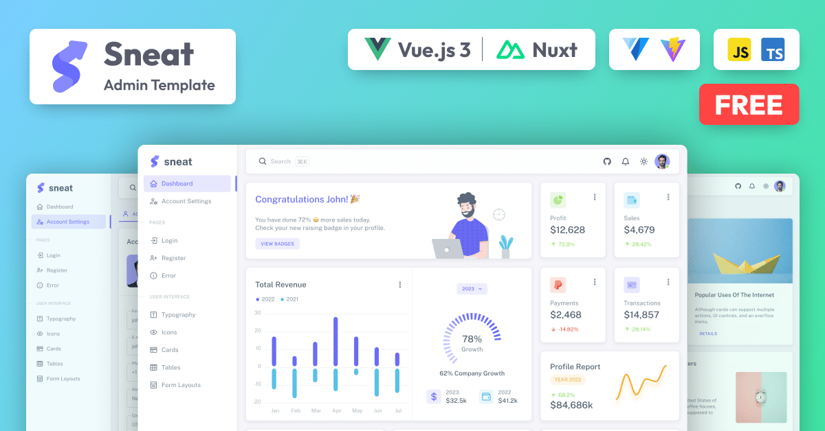 Theme_Selection's tweet card. Streamline your web app development process with the Sneat Free NuxtJS Admin Template. Develop awesome web apps with ease.