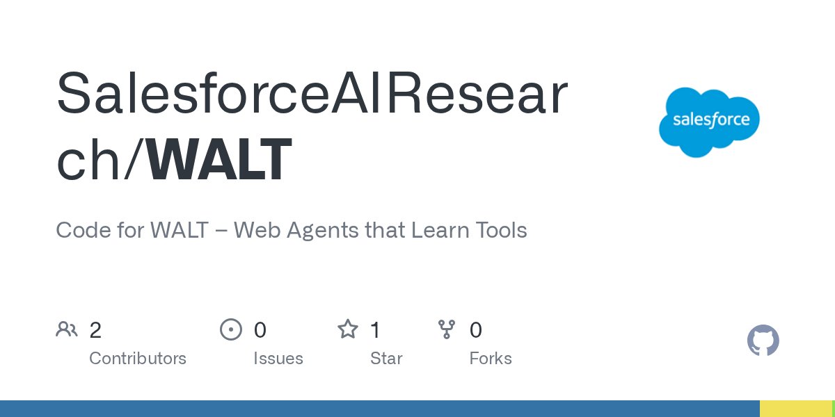 SFResearch's tweet card. Code for WALT – Web Agents that Learn Tools. Contribute to SalesforceAIResearch/WALT development by creating an account on GitHub.