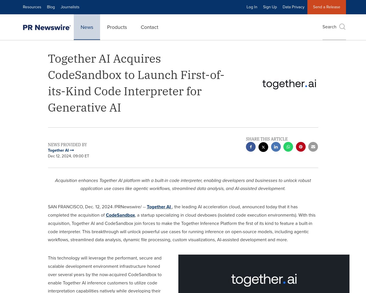 managetech_inc's tweet card. Together AIがCodeSandboxを買収し、コードインタプリターを組み込んでAIプラットフォームを