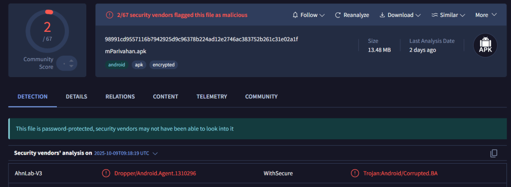 TweetThreatNews's tweet card. A new wave of Android malware in India, called GhostBat RAT, disguises itself as RTO apps like mParivahan to steal data, mine crypto, and control infected devices via Telegram bots. This sophistica...