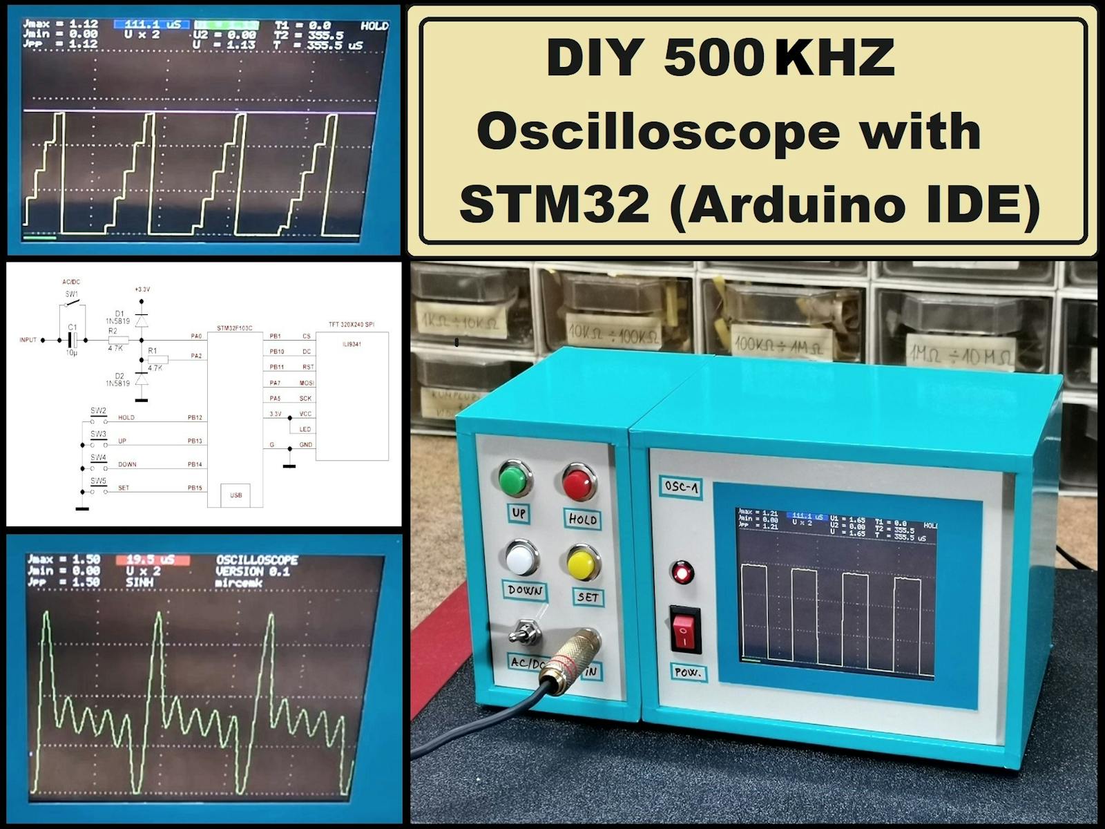 Hacksterio's tweet card. With this instrument we can now observe the shape of signals with a frequency of up to 500KHz.