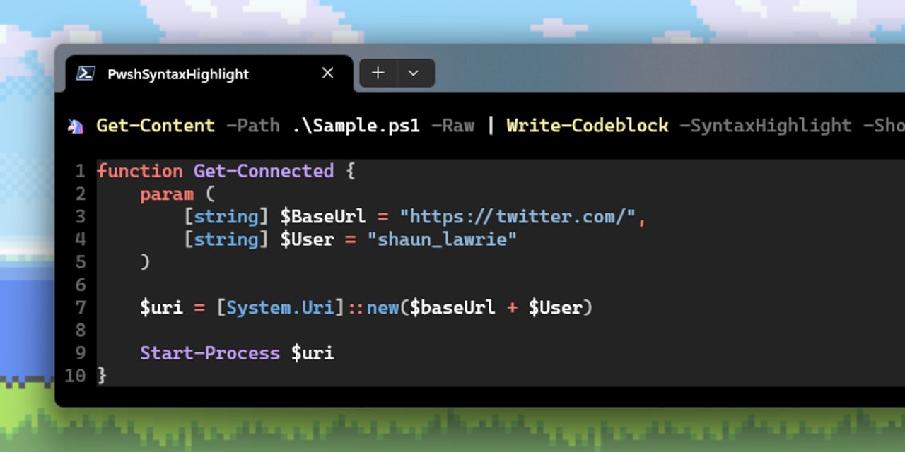 shaun_lawrie's tweet card. 🌈 Render PowerShell in the Terminal with Syntax Highlighting - ShaunLawrie/PwshSyntaxHighlight