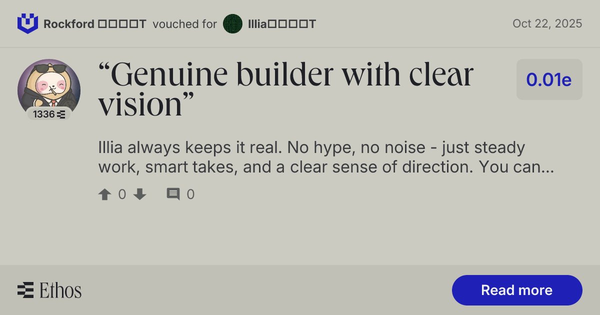 0x_rckfrd's tweet card. "Genuine builder with clear vision"