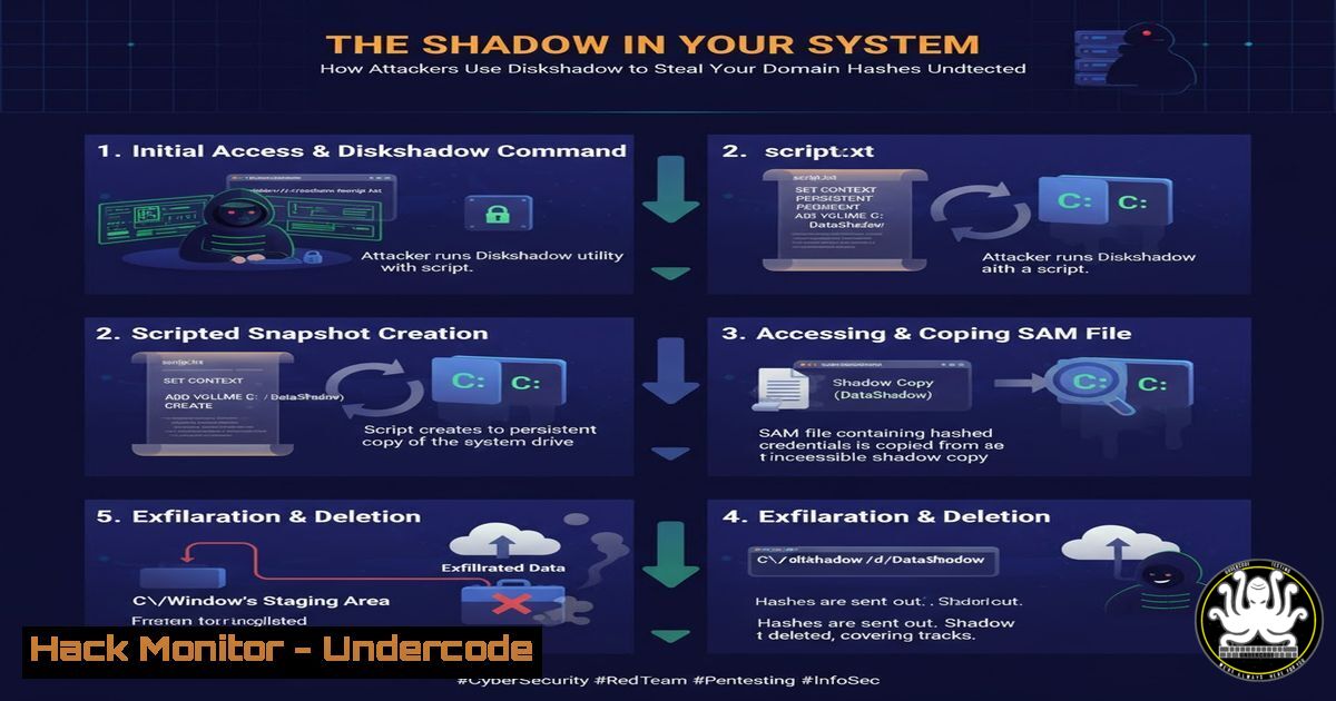 UndercodeUpdate's tweet card. The Shadow in Your System: How Attackers Use Diskshadow to Steal Your Domain Hashes Undetected - "Undercode Testing": Monitor hackers like a pro. Get