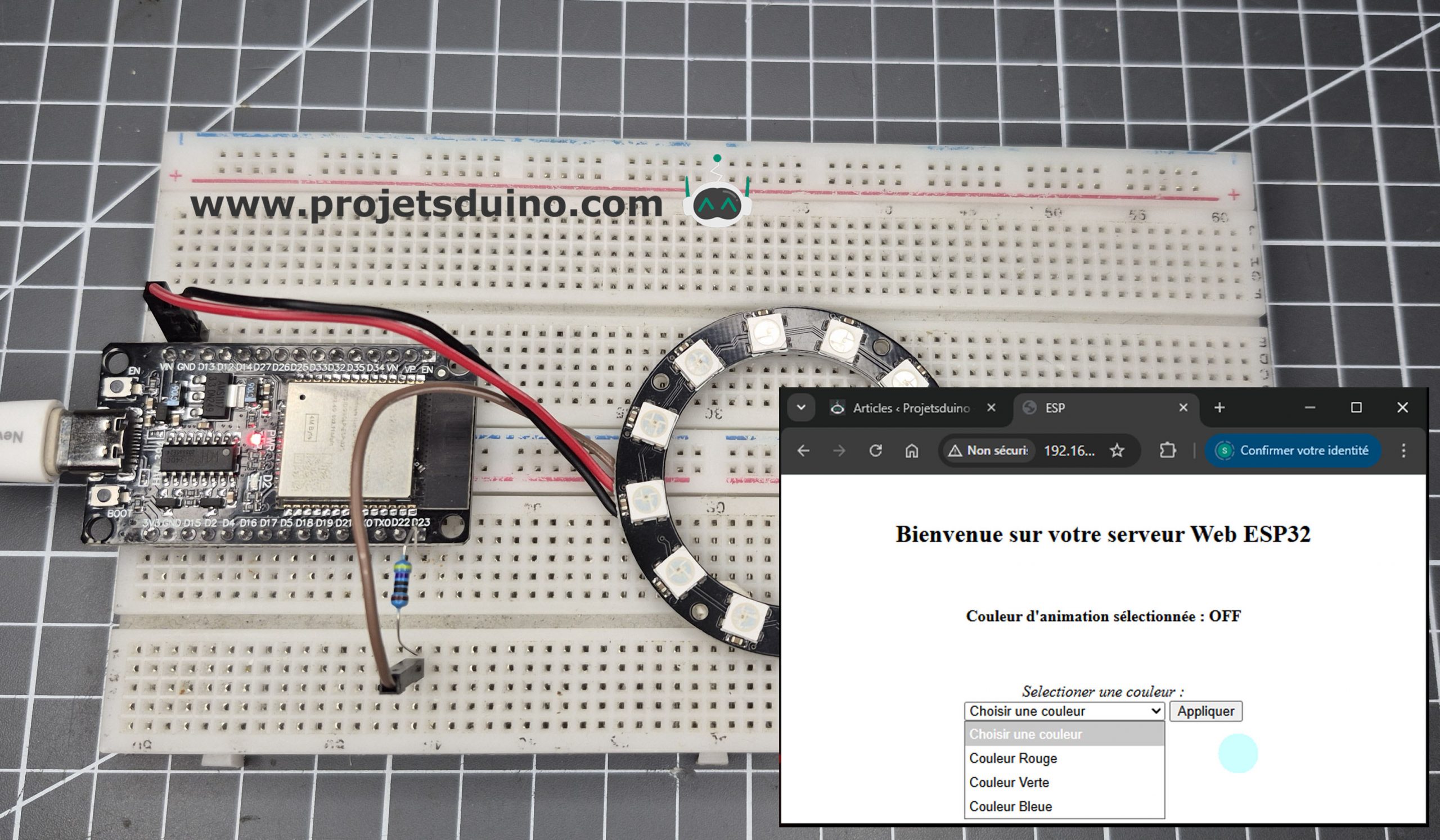 Projetsduino's tweet card. Selectionner une couleur d' animation RING LED RGB d'une page serveur Web ESP32