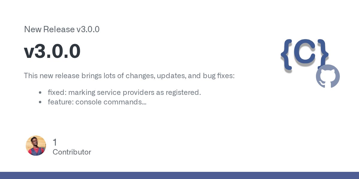 codefyphp's tweet card. This new release brings lots of changes, updates, and bug fixes: fixed: marking service providers as registered. feature: console commands vendor:publish asset:flush generate:key:file encrypt:env...