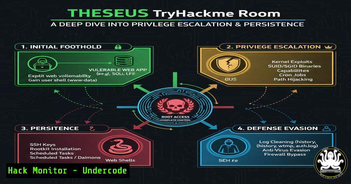 UndercodeUpdate's tweet card. The Theseus TryHackMe Room: A Deep Dive into Privilege Escalation and Persistence - "Undercode Testing": Monitor hackers like a pro. Get real-time updates,