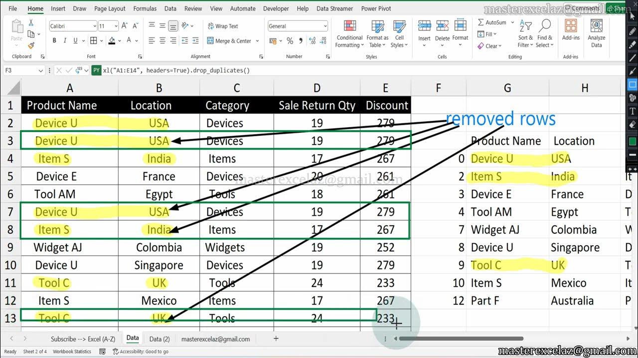 masterexcelaz's tweet card. How to remove duplicate row records using python formula in excel