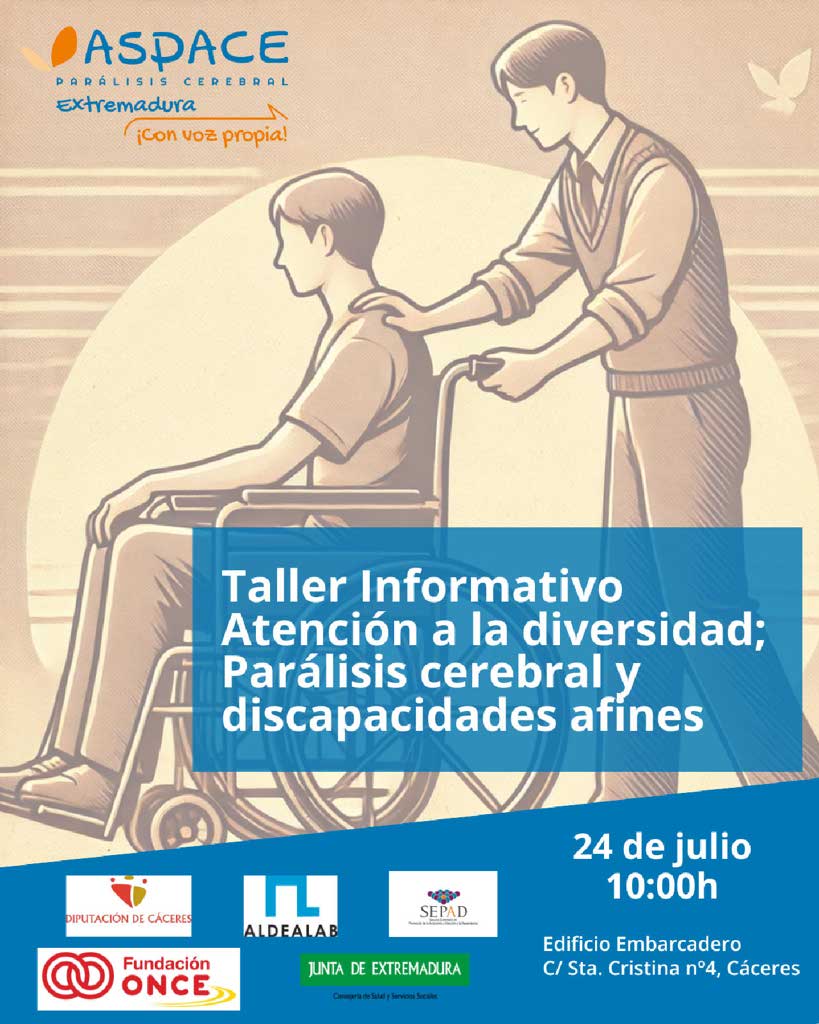 FEDExtrASPACE's tweet card. [July 24, 2025, 10 a.m., 2 participants] ¿Te interesa formarte en diversidad y discapacidad? Desde ASPACE Extremadura te invitamos a un nuevo Taller Informativo donde hablaremos sobre parálisis cer…