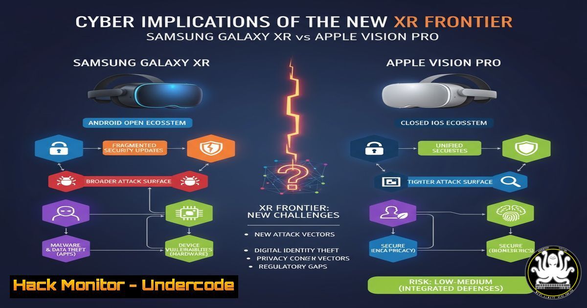 UndercodeUpdate's tweet card. The Cybersecurity Implications of the New XR Frontier: Samsung Galaxy XR vs Apple VisionPro - "Undercode Testing": Monitor hackers like a pro. Get real-time