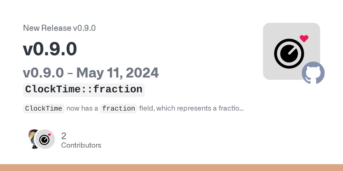 tesselode's tweet card. v0.9.0 - May 11, 2024 ClockTime::fraction ClockTime now has a fraction field, which represents a fraction of a tick. This means sounds and tweens can be scheduled for times in-between ticks. In add...