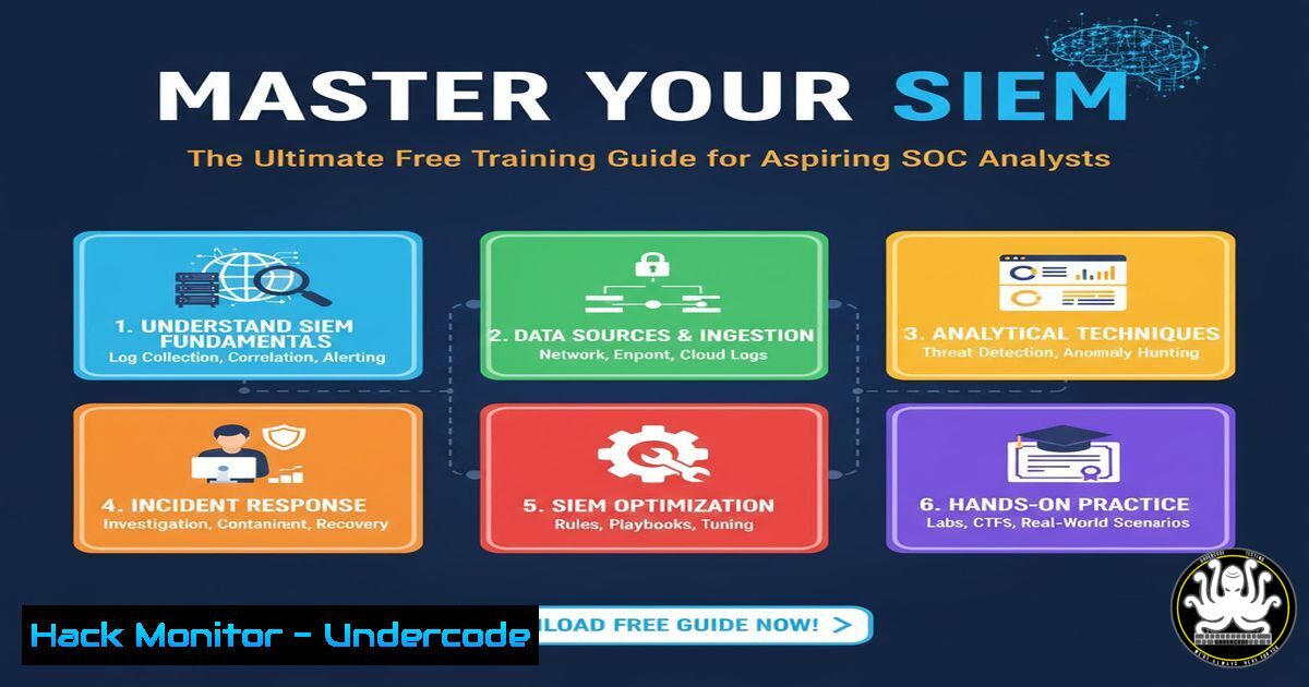 UndercodeUpdate's tweet card. Master Your SIEM: The Ultimate Free Training Guide for Aspiring SOC Analysts - "Undercode Testing": Monitor hackers like a pro. Get real-time updates,